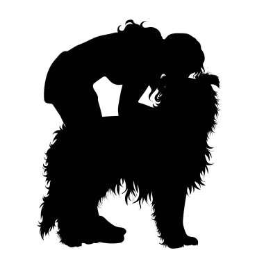 Köpeği beyaz arka planda olan bir kızın vektör siluetleri. Evcil hayvan ve köpek sembolü.