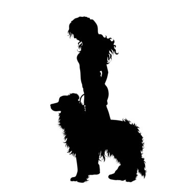 Köpeği beyaz arka planda olan bir kızın vektör siluetleri. Evcil hayvan ve köpek sembolü.