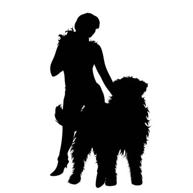 Köpeği beyaz arka planda olan bir kızın vektör siluetleri. Evcil hayvan ve köpek sembolü.