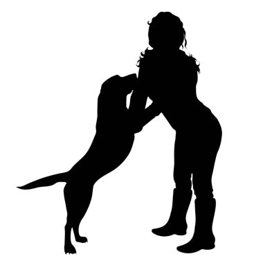 Köpeği beyaz arka planda olan bir kızın vektör siluetleri. Evcil hayvan ve köpek sembolü.