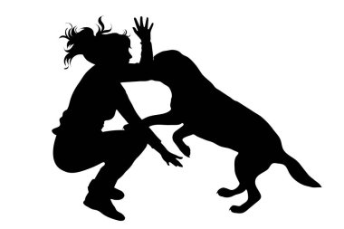 Köpeği beyaz arka planda olan bir kızın vektör siluetleri. Evcil hayvan ve köpek sembolü.