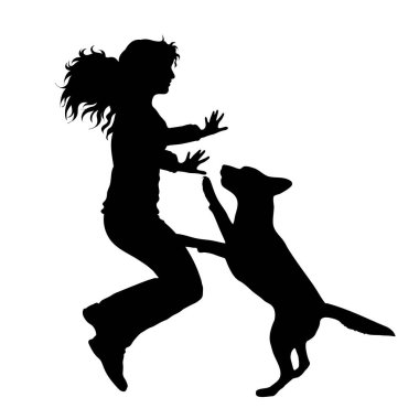 Köpeği beyaz arka planda olan bir kızın vektör siluetleri. Evcil hayvan ve köpek sembolü.