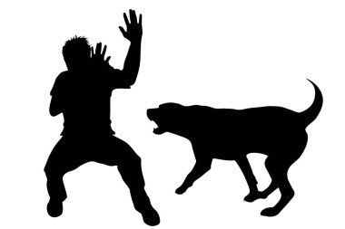 Beyaz arka planda saldırgan köpeği olan bir çocuğun vektör siluetleri. Evcil hayvan ve saldırının sembolü.