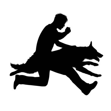 Beyaz arka planda köpeği olan bir çocuğun vektör siluetleri. Evcil hayvan ve köpek sembolü.