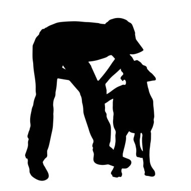 Beyaz arka planda köpeği olan bir çocuğun vektör siluetleri. Evcil hayvan ve köpek sembolü.