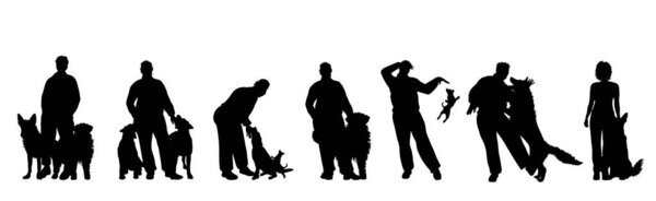Set of vector silhouettes of different people with dog on white background.