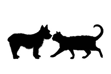 Beyaz arka planda kedisi olan Yorkshire Teriyerinin vektör silueti. Evcil hayvan ve köpeğin sembolü.