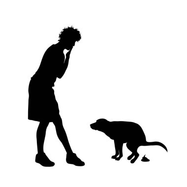 Beyaz arka planda köpeğinin dışkısını toplayan bir adamın vektör silueti..