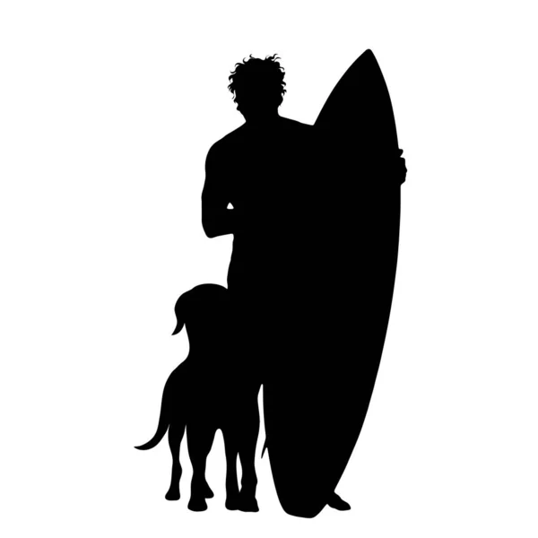 Beyaz Arka Planda Köpeğiyle Sörf Yapan Çocuk Silueti Spor Evcil — Stok Vektör