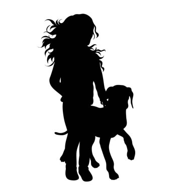 Köpeği beyaz arka planda olan bir kızın vektör siluetleri. Evcil hayvan ve köpek sembolü.