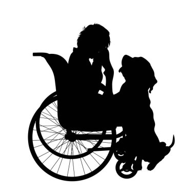 Beyaz arka planda köpeği olan tekerlekli sandalyede oturan çocuk siluetleri. Evcil hayvan ve köpek sembolü.
