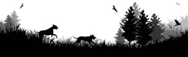 Parkta koşan mutlu köpeklerin silueti. Doğanın ve evcil hayvanın sembolü.