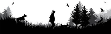Avcı silueti ve köpekleri ormanda. Avlanma ve doğanın sembolü..