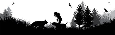 Parkta köpekleriyle oynayan kadın silueti. Doğanın ve evcil hayvanın sembolü.