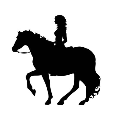 Beyaz arka planda atını süren bir kadının vektör silueti. Hayvanların ve at biniciliğinin sembolü.