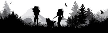 Arka planda dağlarla parkta köpeğiyle yürüyen kadınların vektör silueti. Doğanın ve sporun sembolü.
