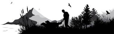 Arka planda dağlarla birlikte köpekleriyle parkta yürüyüş yapan bir adamın vektör silueti. Doğanın ve vahşiliğin sembolü..