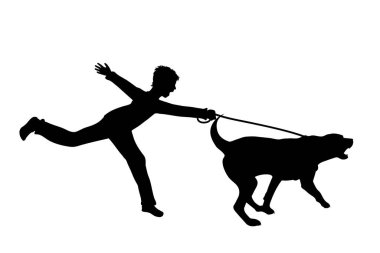 Beyaz arka planda bir çocuğu çeken bir köpeğin vektör silueti. Evcil hayvan ve itaatsizliğin sembolü.