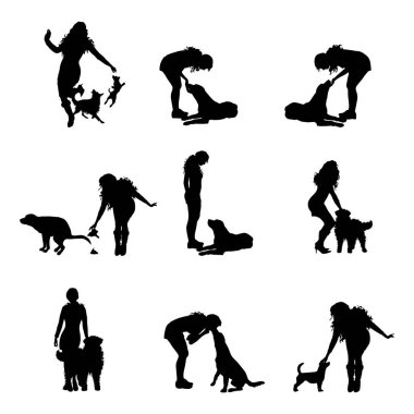 Köpeği beyaz arka planda olan bir kızın vektör silueti. Farklı türlerin ve durumların toplanması.