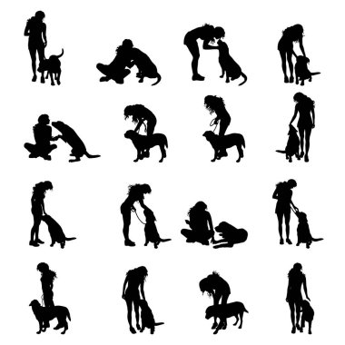 Köpeği beyaz arka planda olan bir kızın vektör silueti. Farklı türlerin ve durumların toplanması.