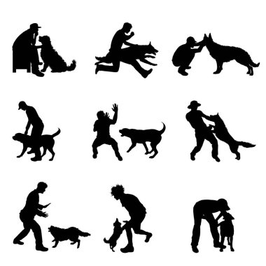 Beyaz arka planda köpeği olan bir çocuğun vektör silueti. Farklı türlerin ve durumların toplanması.