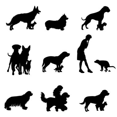 Beyaz arka planda farklı bir köpeğin vektör silueti. Evcil hayvan ve köpek sembolü.