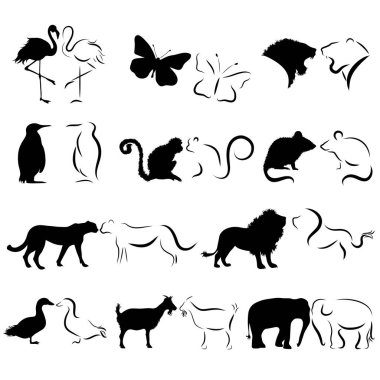 Beyaz arka planda farklı hayvanların vektör siluetleri. Semboller evcil ve vahşi hayvanlar.