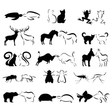 Beyaz arka planda farklı hayvanların vektör siluetleri. Semboller evcil ve vahşi hayvanlar.