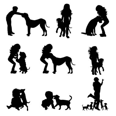Beyaz arka planda köpeği olan çocuk siluetleri. Evcil hayvan ve köpek sembolü.
