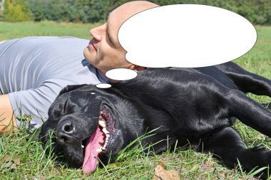 Baloncuk fikirli komik bir resim Parkta dinlenen bir adamla siyah köpek.