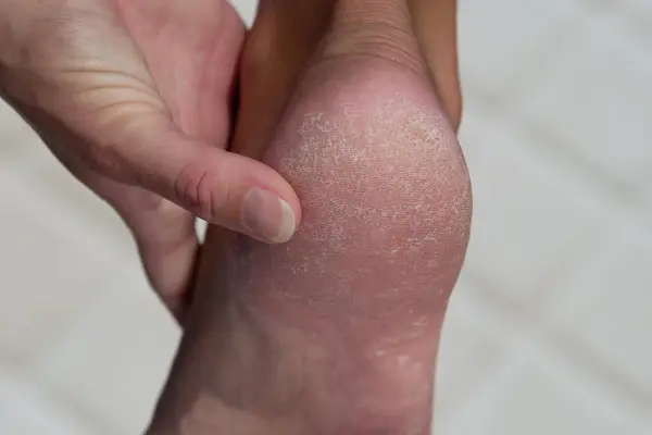 Woman treat cracked hard skin on the heel in the bathroom.