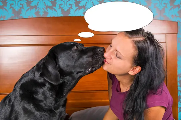 Funny picture with bubble idea woman kissing with her dog.