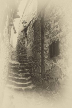 Eski İspanyol kasabasının tarihi, antika sararmış ve solmuş fotoğrafı..