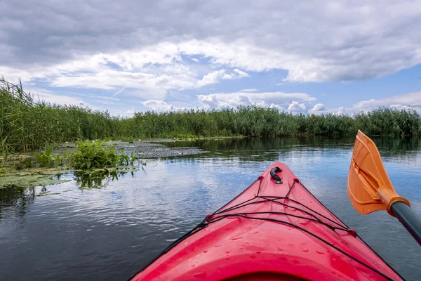 美しい風景とビューのカヤックポイント 川を眺めながらカヤックの弓とラッシュ 川カヤックの概念 野生自然での休暇 — ストック写真