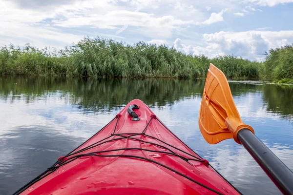 カヤックの視点 川の景色を望む赤いカヤックの弓とラッシュ 川カヤックの概念 野生自然での休暇 — ストック写真