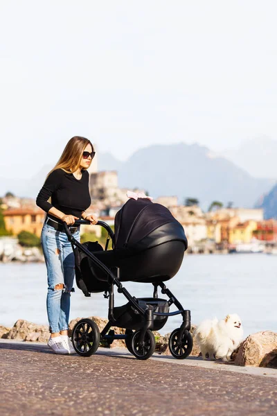 Young mother with stroller outdoor near the lake. Motherhood and healthy concept
