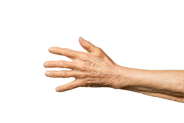 Alte Ältere Frauen Hand Isoliert Auf Weißem Hintergrund — Stockfoto