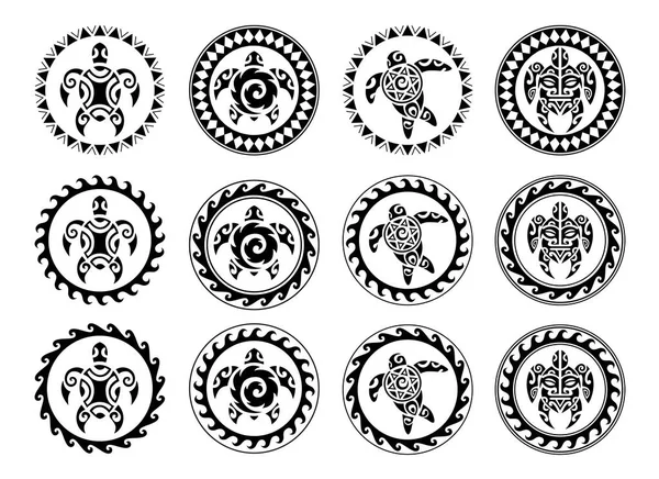 一套用海龟做的毛利族圆形纹身装饰 阿兹特克 部落风格 黑人和白人 — 图库矢量图片