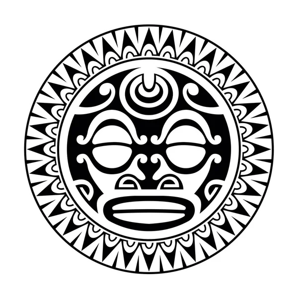 Runde Tätowierverzierung Maori Stil Mit Sonnengesicht Afrikanische Aztekische Oder Maya — Stockvektor