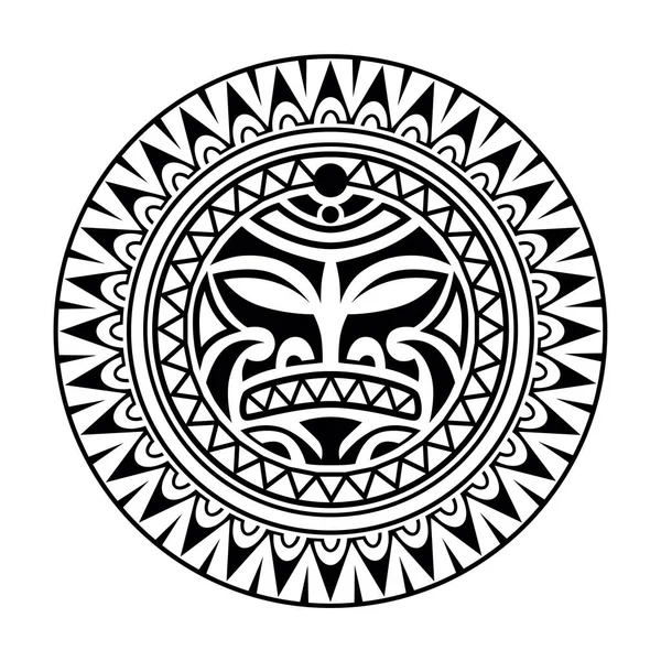 Ornement Rond Tatouage Avec Style Maori Visage Soleil Masque Ethnique — Image vectorielle