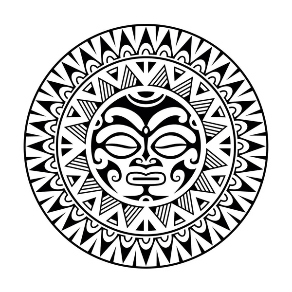 Ornement Rond Tatouage Avec Style Maori Visage Soleil Masque Ethnique — Image vectorielle