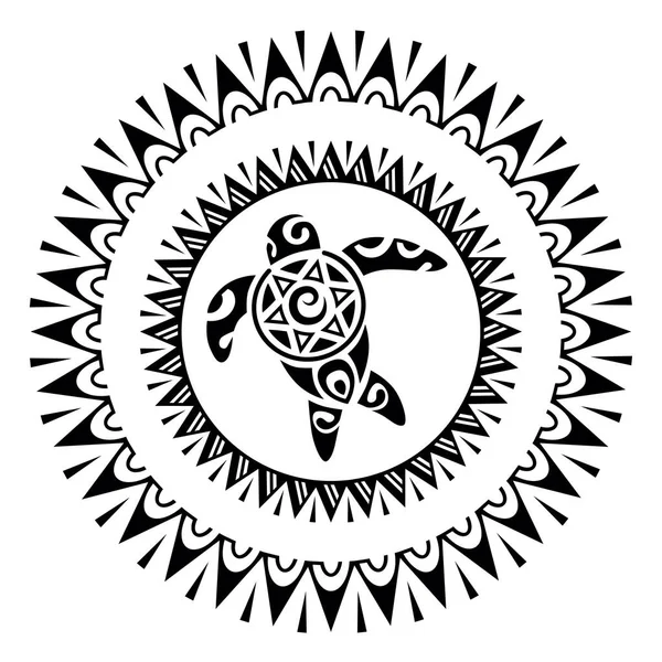 Sea Turtle Circle Ornament Maori Style Tattoo Sketch Black White — Stock Vector