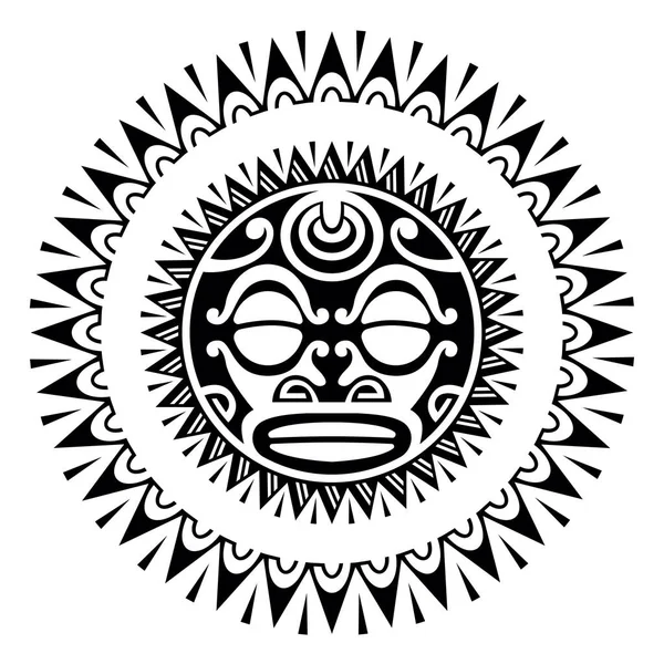 Okrągły Ozdoba Tatuaż Słońce Twarz Styl Maori Afrykańska Aztecka Lub — Wektor stockowy