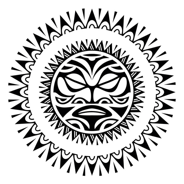Güneş Yüzlü Yuvarlak Dövme Süsü Afrikalı Aztekli Maya Etnik Maskeli — Stok Vektör