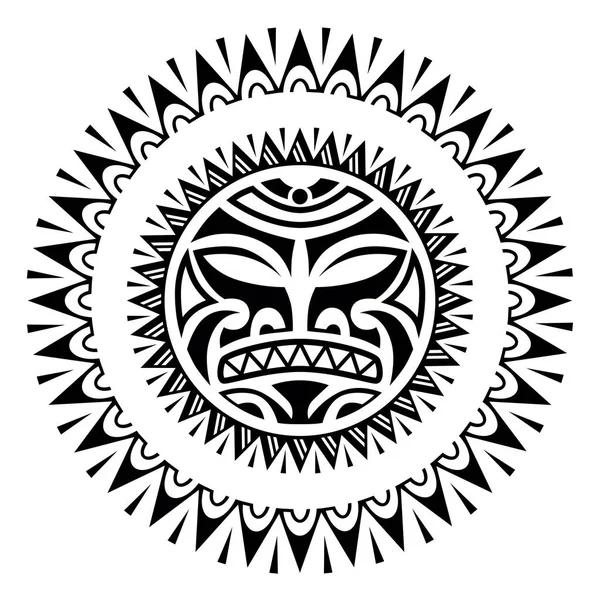 Güneş Yüzlü Yuvarlak Dövme Süsü Afrikalı Aztekli Maya Etnik Maskeli — Stok Vektör