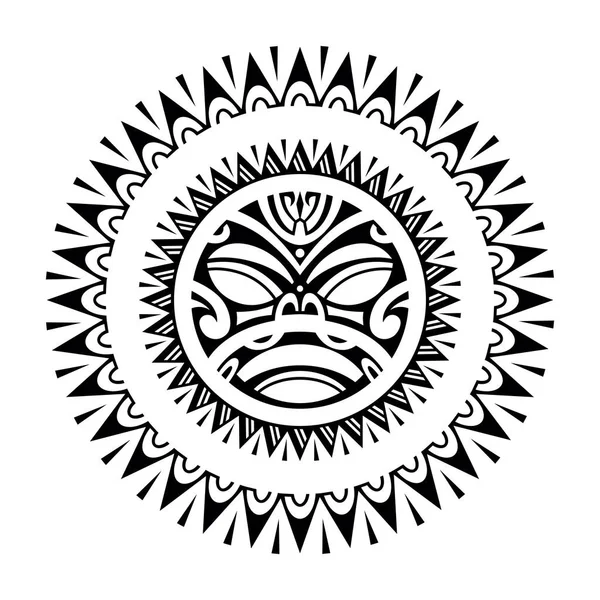 Ronde Tatoeage Ornament Met Zon Gezicht Maori Stijl Afrikaanse Azteken — Stockvector