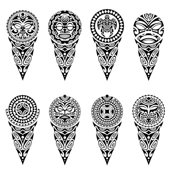 Set Tattoo Sketch Maori Style Leg Shoulder Turtle Sun Face — Stock Vector