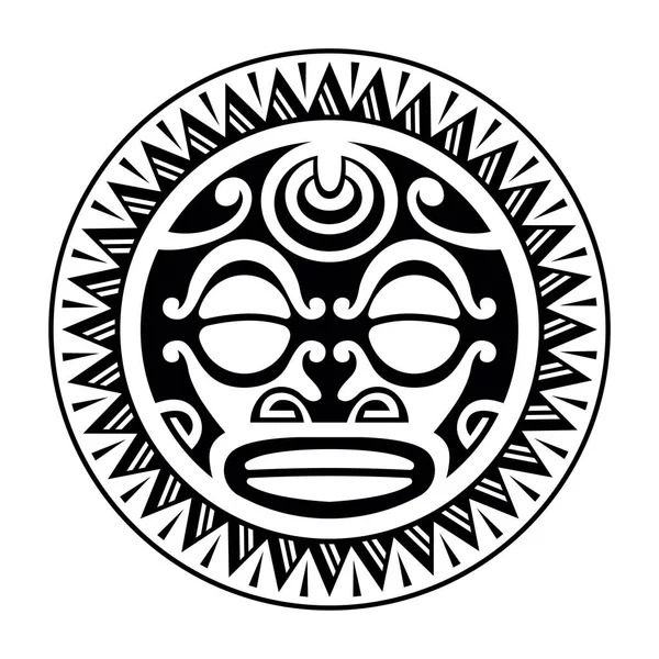 Στρογγυλό Τατουάζ Στολίδι Πρόσωπο Ήλιο Μαορί Στυλ Αφρικανοί Αζτέκοι Μάγια — Διανυσματικό Αρχείο