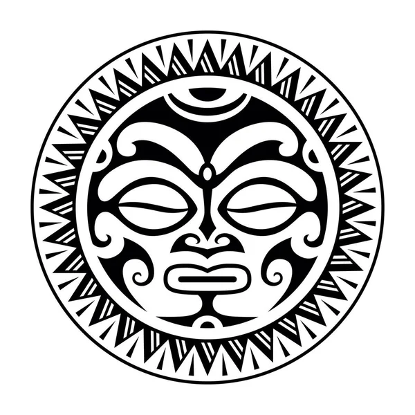 Enfeite Tatuagem Redonda Com Estilo Maori Rosto Sol Máscara Étnica — Vetor de Stock