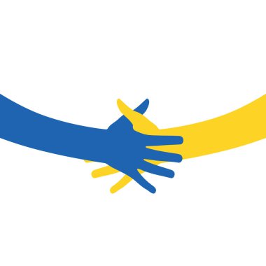Ukrayna 'yı destekleyin. Yardım edin, kurtarın, dua edin. Ukrayna bayrağının iki eli. Savaşı durdurun. Mavi ve sarı. Vektör İllüstrasyonu